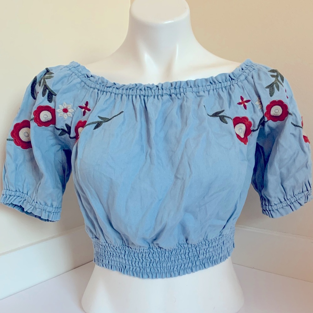 Floral Embroidered Chambray Off the Shoulder Crop!